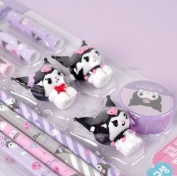 KUROMI Figure Pencil and Pencil Cap and Pencil Sharpener Set