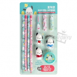 Pochacco Figure Pencil and Pencil Cap and Pencil Sharpener Set